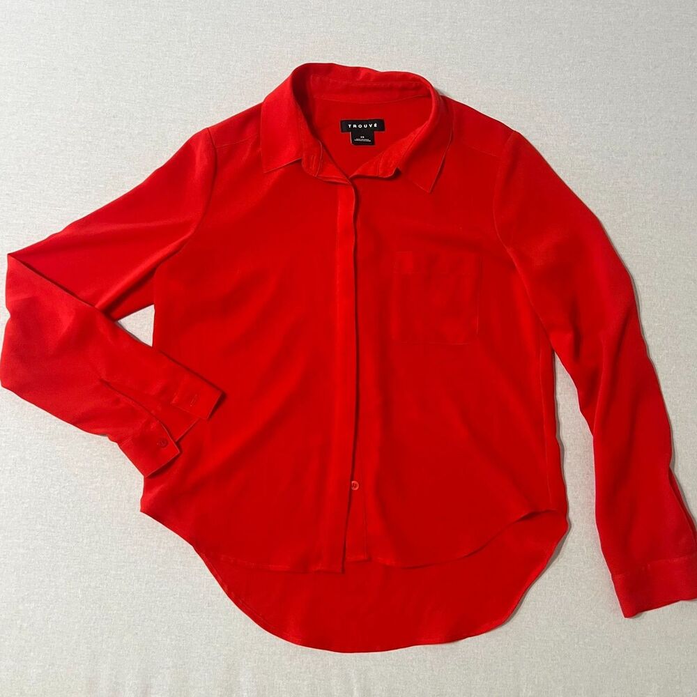 Trouve Womens XS Red Button Down Blouse Long Sleeve High Low Hem Shirt